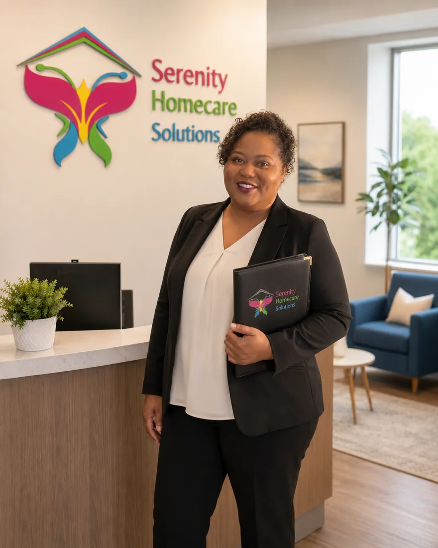 A friendly Serenity Homecare caregiver holding a company folder, ready to help.