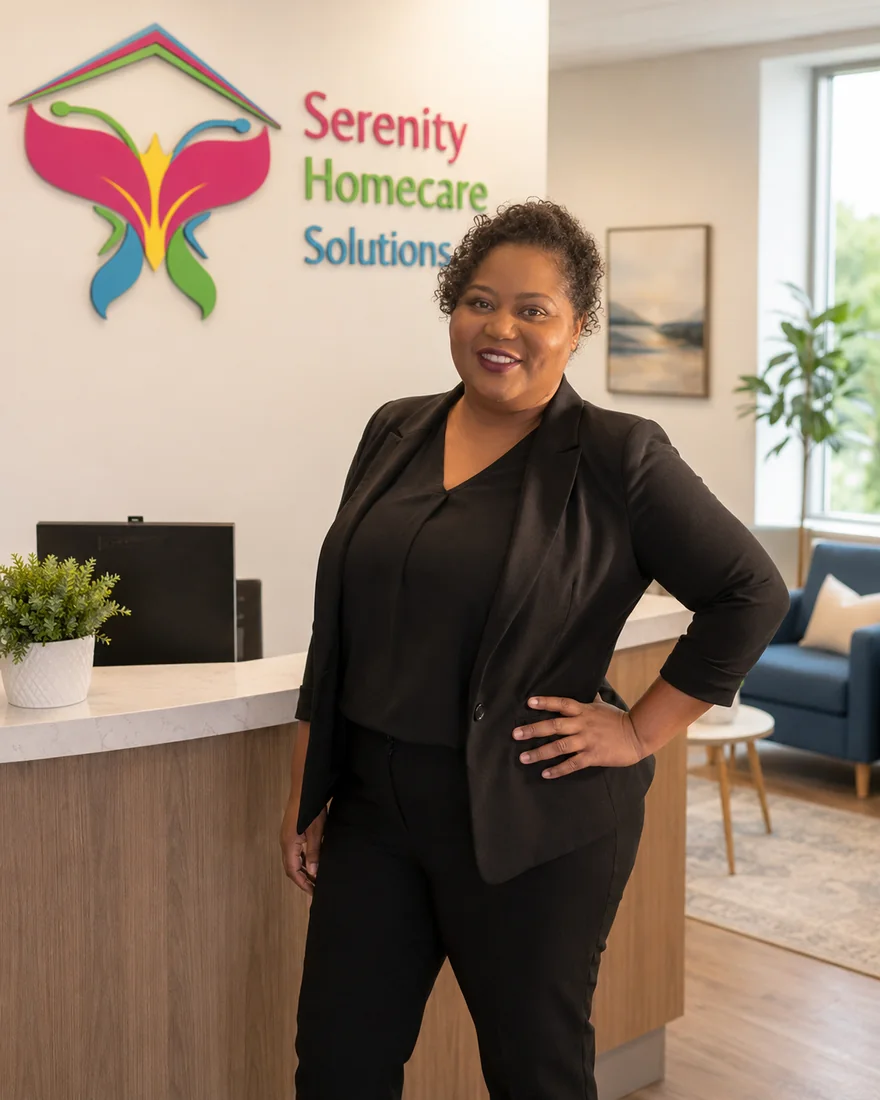A Serenity Homecare Solutions caregiver smiling in the office, beneath the company logo.