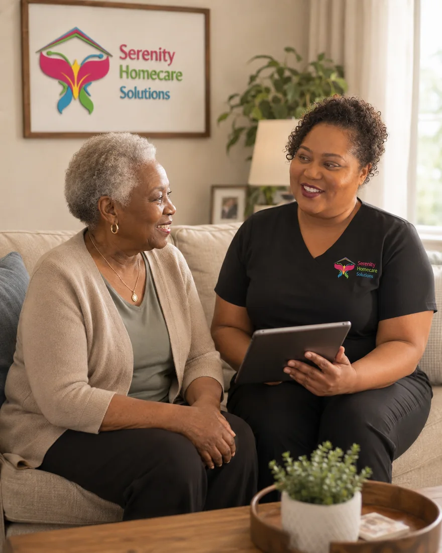 A Serenity Homecare caregiver sitting with an elderly client at home, sharing a tablet together.