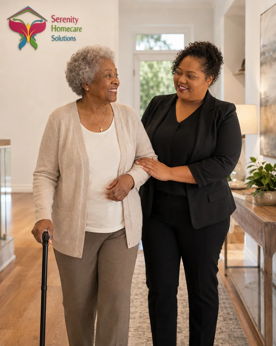 A Serenity Homecare caregiver walking arm-in-arm with a smiling elderly client at home.